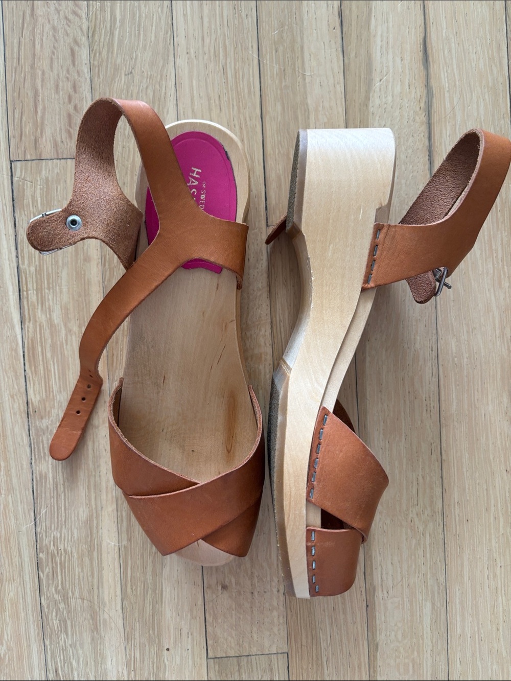 Swedish Hasbeens Cognac Leather Platform Sandals with Pink Insole